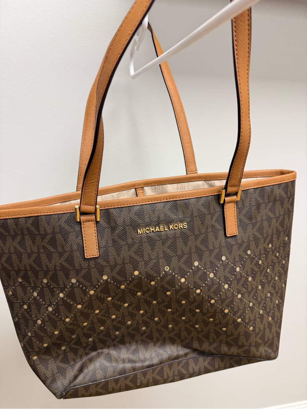 Michael Kors Brown and Tan Logo Tote with Gold Studs